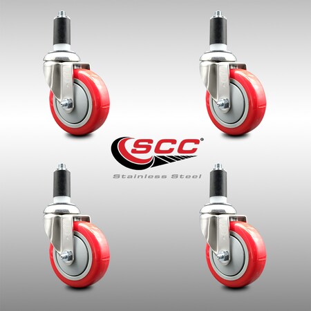 Service Caster 4 Inch 316SS Red Polyurethane Swivel 1-3/8 Inch Expanding Stem Caster Set SCC SCC-SS316EX20S414-PPUB-RED-138-4